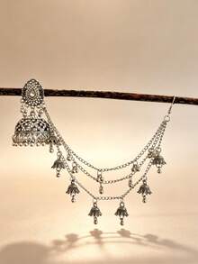 Elegant Rhinestone Gold Jhumka Earrings With Tassel Hair Chain, Traditional Middle Eastern Large Hoop Earrings, Suitable For Wedding Jewelry Or Party Wear - Teardrop Style - View 6