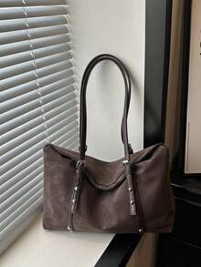1pc Coffee Brown Buckle Strap Decor Large Capacity Solid Color PU Tote Bag Women's Shoulder Bag - Coffee Brown - View 3