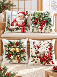 shangxia 4PCS--Winter Floral Deer Pillowcase, Red Berry Bell Character Illustration Sofa Decorative Cushion Cover--(Pillow Insert Not Included)-- (Multiple Sizes) - Multicolor - View 7
