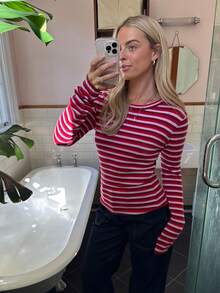 FOR BEAUTY Fall Winter Women Sweaters Elegant Casual Y2K Pink Red Striped Crew Neck Long Sleeve Slim Fit Ribbed Knit Pullover Top Daily Streetwear - Red - View 2