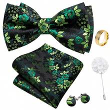 5Pcs Men Green Small Floral Jacquard Bow Tie Pocket Square Cufflinks Ring Boutonniere Set, Cufflinks Pattern Random For Wedding - Green - View 2