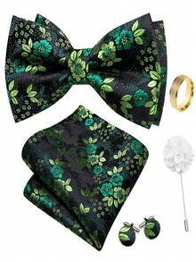 5Pcs Men Green Small Floral Jacquard Bow Tie Pocket Square Cufflinks Ring Boutonniere Set, Cufflinks Pattern Random For Wedding - Green - View 1