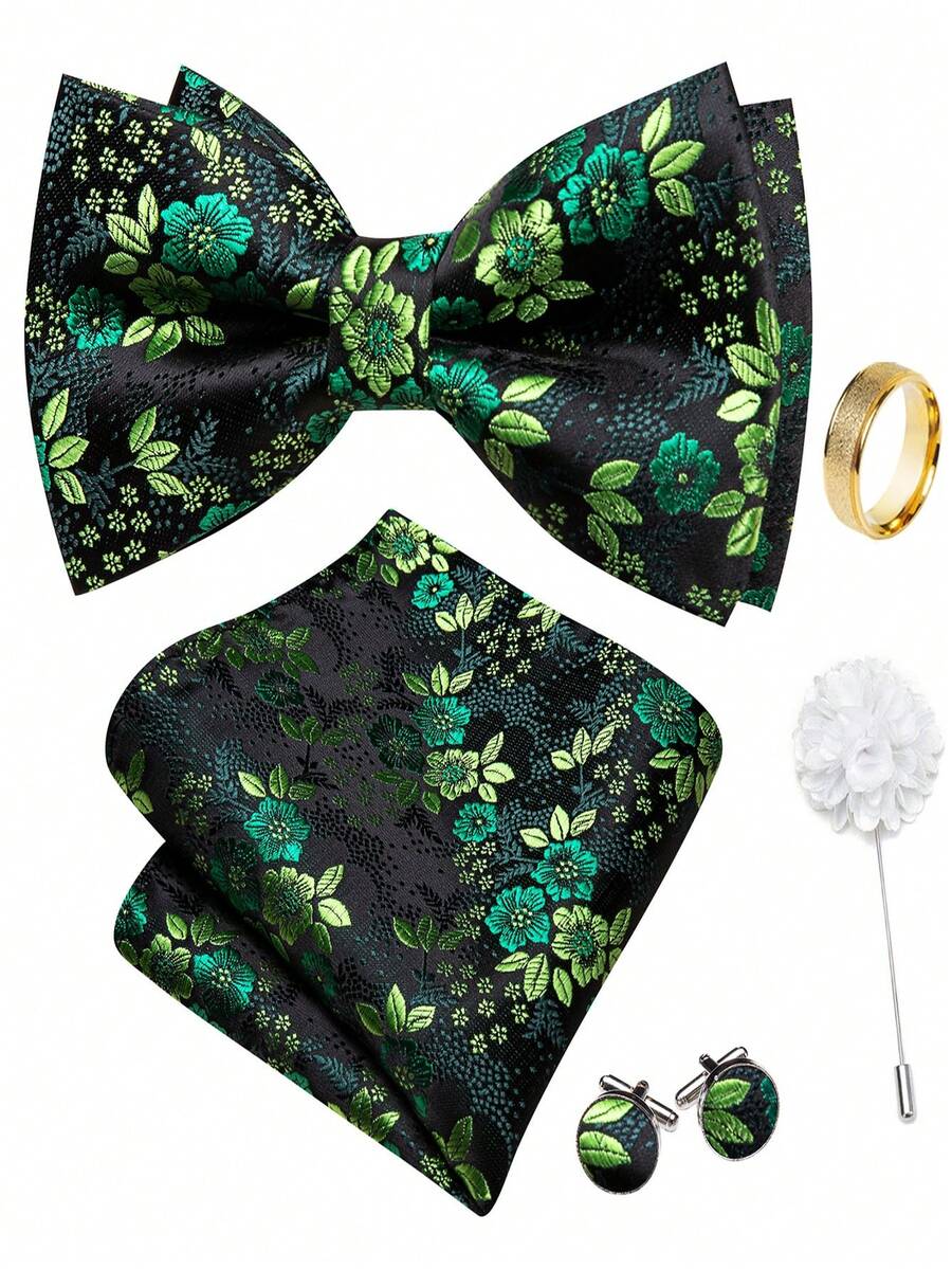 5Pcs Men Green Small Floral Jacquard Bow Tie Pocket Square Cufflinks Ring Boutonniere Set, Cufflinks Pattern Random For Wedding - Green - View 1