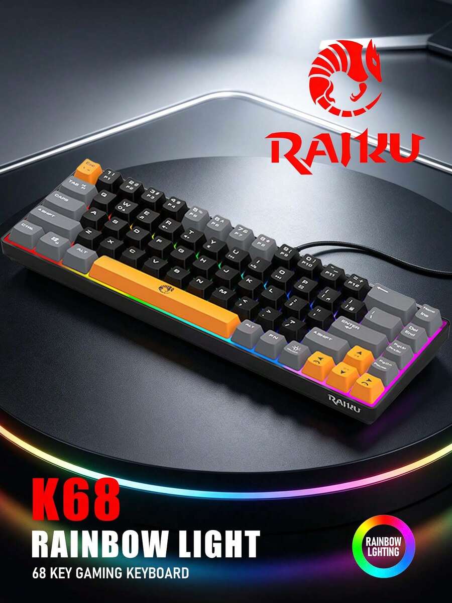 K68 68 Keys Wired Mini Gaming Keyboard Rainbow Backlit 3-Tone Keycaps Volcanic Structure 19 Anti-Ghost Multimedia USB Keypad For PC Gamer Office Travel - View 1