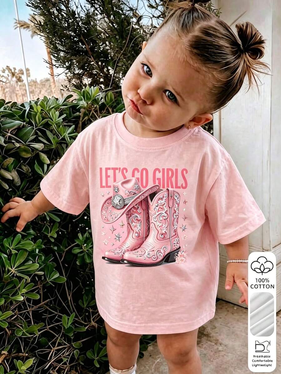 Girls Cowboy Boots Let's Go Girls Letter Print Short Sleeve Western Tee - Pink - View 1