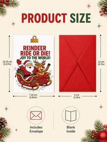1pc "Reindeer Ride Or Die! Joy To The World!" Christmas Greeting Card Set, Santa & Reindeer Sleigh Illustration With Red Envelope For Best Friends, Family, Coworkers & Holiday Celebrations - Fun Reindeer - View 3