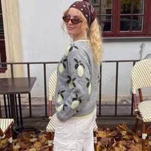 Women's Grey Knitted Cardigan, Front Button Design, Lemon Print, Long Sleeve Regular Fit Sweater, Suitable For Autumn Wear - Grey - View 3