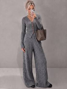 Women's Autumn/Winter Casual Korean Style Elegant Slim Fit V-Neck Cardigan And Pants 2-Piece Set - Grey - View 1