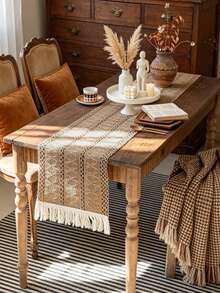 Nordic Bohemian Striped Table Runner, Hand-Woven Tassel Style, Suitable For Dining Table, Round Coffee Table, Rustic Home Decor, Perfect For Wedding Reception, Outdoor Party, Home And Restaurant Decoration, Kitchen Dining Table Centerpiece - Khaki - View 1