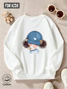 Girls' Cute Printed Drop-Shoulder Round-Neck Long-Sleeve Casual Sports Sweatshirt - White - View 3