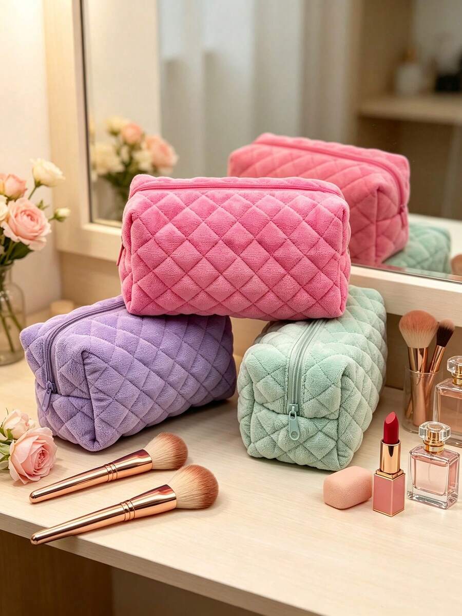 1pc Candy Color Soft Velvet Towel Fabric Makeup Bag, Cute Small Items Toiletry Pouch, Student Portable Storage Bag With Zipper Closure, Suitable For Travel And Daily Use, Cosmetic Travel Bag, Fashionable Organizer Bag - Multicolor - View 1