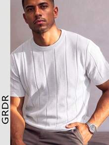 GRDR Men's Lightweight Summer Knit Sweater Solid Color Ribbed Short Sleeve, Sporty Casual, Suitable For Outdoor Sports - White - View 3