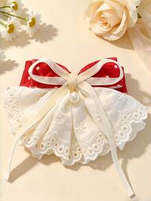 1pc Girls Sweet Cute Autumn New Multi-Color Flocked Polka Dot Bow Lace Ribbon Hair Clip - Red - View 3