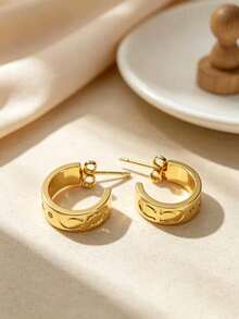 1 Pair Minimalist Embossed CD Double D C-Shaped Half Hoop Earrings For Women Daily Wear - Embossed Letter C Stud Earrings - View 12