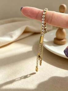 1pc Luxury Rhinestone Double Layer Chain Bracelet, Fully Inlaid Crystal Y, S Letter Pendant, Unique Niche Jewelry, Street Style Accessory, Suitable For Daily Wear And Party Occasions - Y-letter Tennis Bracelet - View 4