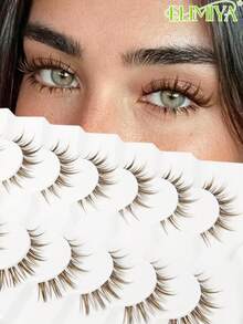 7 Pairs Brown False Eyelashes, Segmented Cat Eye Tail Extension Lashes, Natural Invisible Transparent Stem Cartoon Short Wet Look Lashes - Brown - View 1