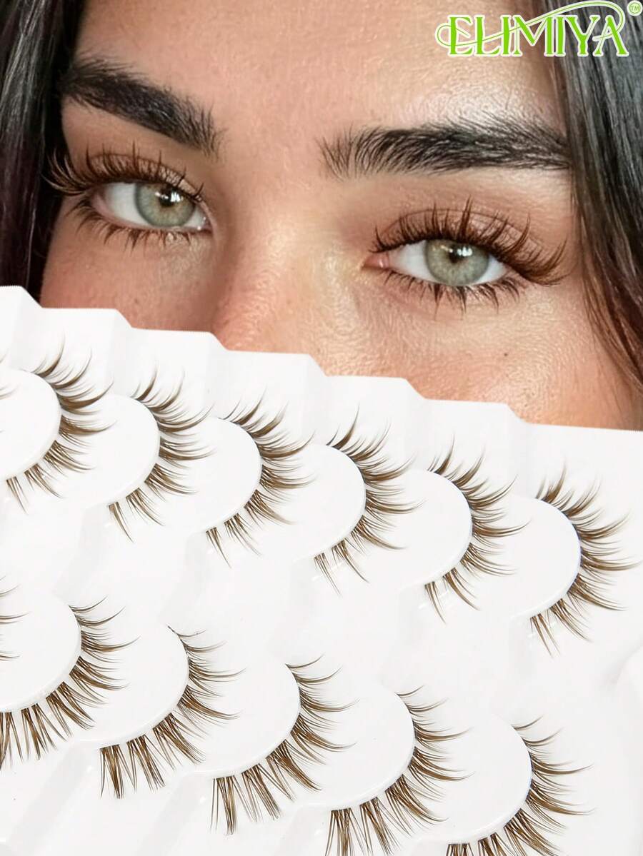 7 Pairs Brown False Eyelashes, Segmented Cat Eye Tail Extension Lashes, Natural Invisible Transparent Stem Cartoon Short Wet Look Lashes - Brown - View 1