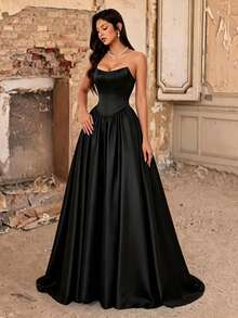 Fall Winter Elegant Black Strapless Satin Corset A-Line Maxi Ball Evening Gown, Lace Up Back Formal Dress For Party Prom Wedding Guest Banquet - Black - View 1