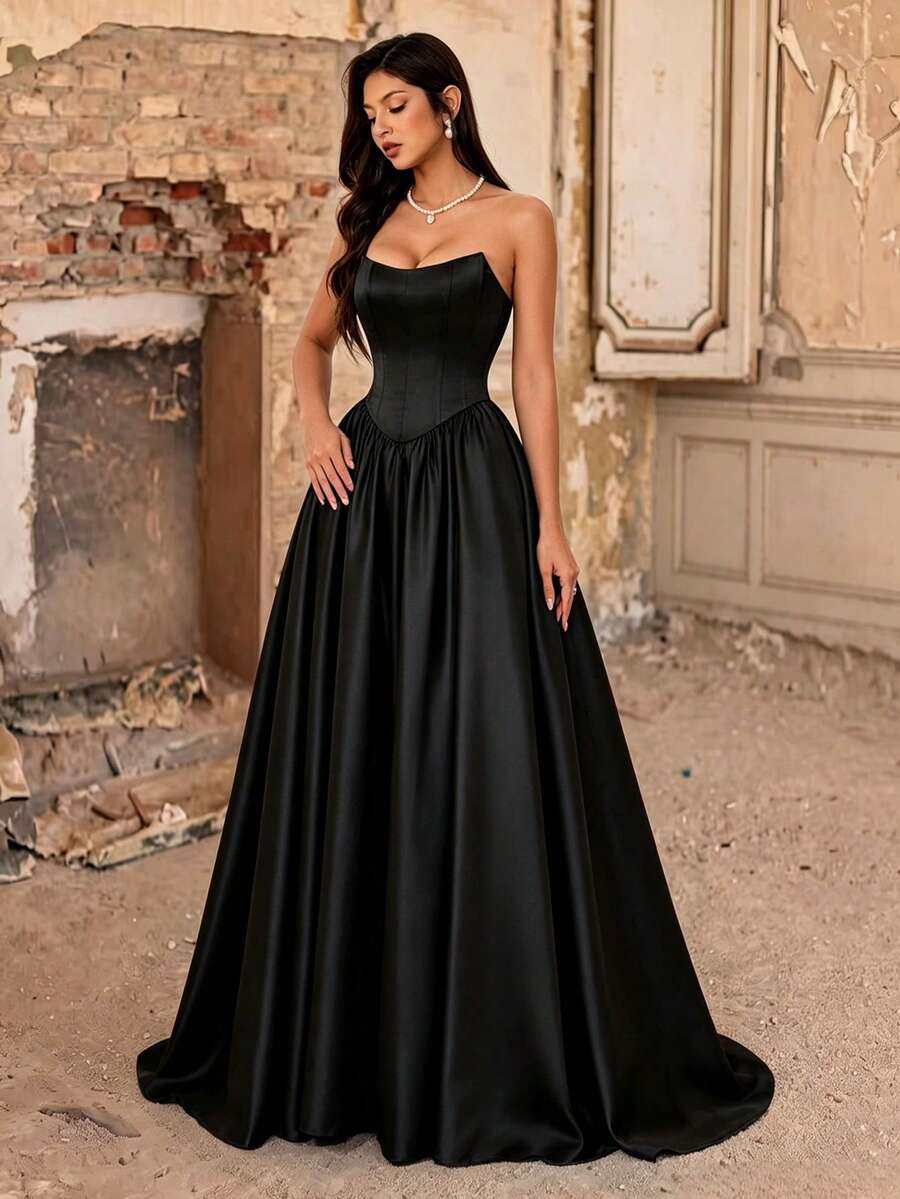 Fall Winter Elegant Black Strapless Satin Corset A-Line Maxi Ball Evening Gown, Lace Up Back Formal Dress For Party Prom Wedding Guest Banquet - Black - View 1