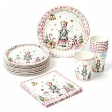 50Pcs Pink Nutcracker Christmas Disposable Tableware Set, 7in & 9in Nutcracker Ballet Dancer Paper Plates, 9oz Paper Cups And Paper Napkins, Pink Gingham Winter Holiday Pattern, Christmas Nutcracker Theme Party Supplies For Holiday Table Decor - Multicolor - View 1