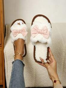 Minimalist Elegant Bow Open Toe Fuzzy Slippers For Women, Soft Thick Sole Indoor Home Slippers For Autumn/Winter - Pink - View 6