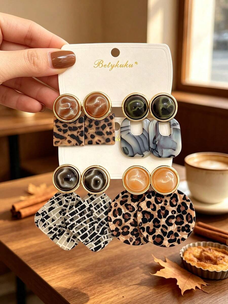 Betykuku 8pcs European & American Fashion Cat Eye Acrylic Square & Round Pendant Earrings
