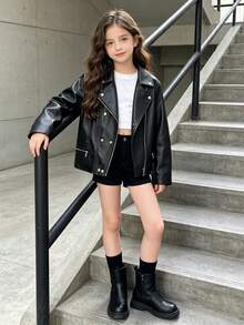 Tween Girl Fashion Casual Spring/Autumn/Winter PU Leather Zipper Front Motorcycle Jacket - Black - View 3