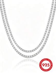 1pc Luxury S925 Silver Square Zirconia Tennis Necklace For Women Full Cubic Zirconia Square Cut Collarbone Chain Evening Sparkling Neck Chain - Silver - View 2