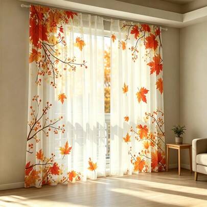2pcs Fall Maple Leaf Berry Branch Sheer Curtains, 2D Flat Print With Autumn Maple Leaves And Red Berry Branches Pattern, Semi-Sheer Voile Rod Pocket Window Curtains For Living Room, Bedroom, Fall Seasonal Home Decor