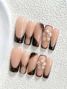 10pcs/Set Autumn Vintage Minimalist Handmade Press-On Nails, Polygel Nail Art Set, Floral Brown Nail Polish, Chinese Carved Style, 3 Sizes Available, Almond/Duck/Coffin Shape, Suitable For Party, Dancing, Daily Wear (Handmade Details May Vary) - Multicolor - View 13