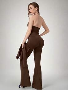 NcmRyu Women's 3 Pieces Set Solid Color Seamless Halter Adjustable Strap Tank Top Zipper Stand Collar Jacket Butt Lift Flare Pants Three Pieces Outfit - Mocha Brown - View 8