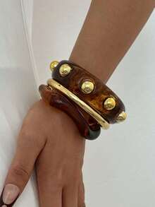 3/1pc Vintage Elegant Fashion Acrylic Marbled Wave Bracelet Set, CCB Smooth Plain Bangle, Suitable For Women's Daily Wear - Multicolor - View 4