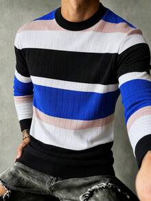 Men's Spring/Autumn Colorblock Fashion Minimalist Crew Neck Long Sleeve Sweater - Blue - View 2