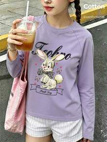 Autumn Girls' Long Sleeve T-Shirt With Bunny, Bow & Text Print, White Round Neck Y2K - Mauve Purple - View 1