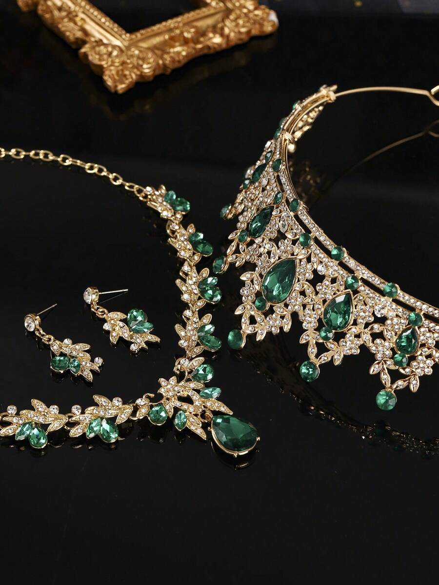 1/4pcs Vintage Baroque Green Emerald Crystal Rhinestone Crown Tiara For Women Bridal Jewelry Set Prom Birthday Party Hair Accessories