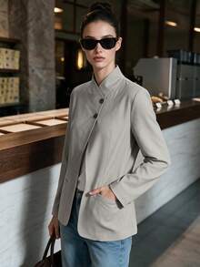 Women's Elegant Blazer Jacket, Asymmetrical Front With Pockets, Suitable For Commuting And Daily Wear, Autumn/Winter - Grey - View 5