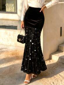 Black Sequin Patchwork Skirt, Elegant Casual Ceremonial Style, Autumn Skirt - Black - View 5
