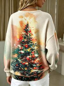 Plus Size Women's Christmas Print Loose Casual Stand Collar Three-Button Crew Neck Sweatshirt - Apricot - View 2