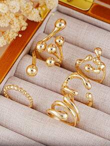 5pcs/Set Women's Thick Gold-Plated Open Rings, Aesthetic Asymmetric Dome & Multi-Ball Design Personalized Rings, Suitable For Daily, Work, Vacation - Gold - View 4