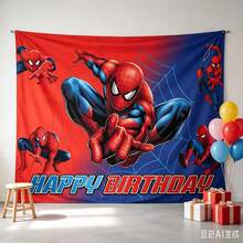 1pc Super Hero Printed Birthday Party Background Fabric, Red And Blue Spider Pattern Happy Birthday Banner Portrait Shooting, Holiday Party Comic Style Party Supplies, Home Wall Decoration, Event Photo Decoration - Multicolor - View 3