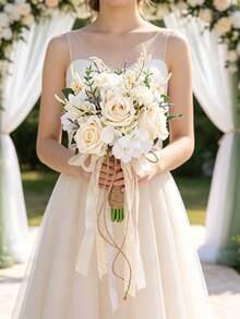 Boho Wedding Bouquets Bride Bouquets Artificial Roses Flowers For Bride Bridesmaid Bouquets, Wedding Prom Church Decoration, Ceremony, Anniversary - Beige - View 2