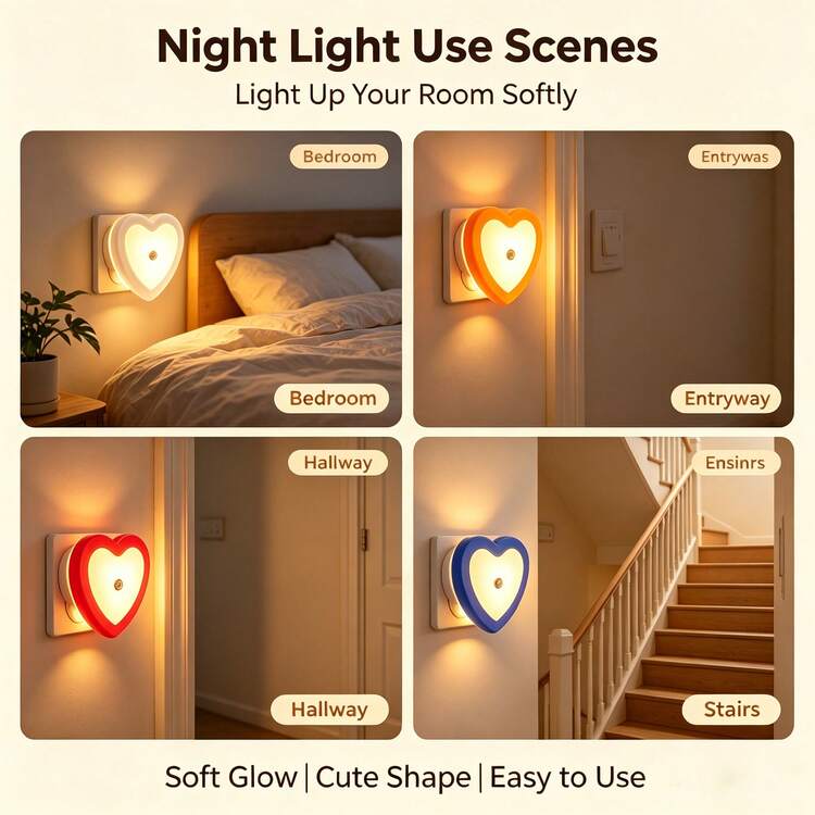 US/EU Plug LED Night Light With Dusk To Dawn Sensor, Heart Shaped Sensor Night Light, Suitable For Bedroom, Kitchen, Stairs, Hallway And Garden - View 8