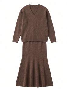 Autumn/Winter New Gentle Knit Sweater 2 Pieces Set For Travel And Dating - Brown - View 7