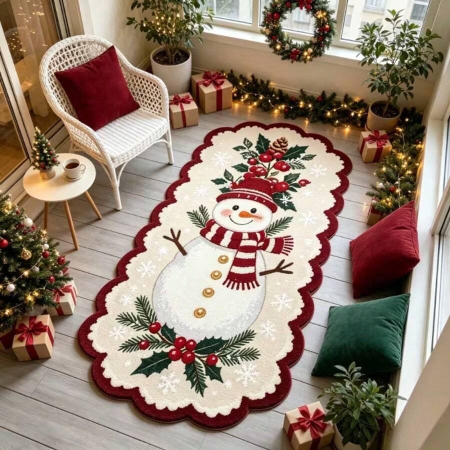 1pc Asymmetrical Wavy Edge Snowman Christmas Long Runner Rug, Cute Festive Long Floor Mat, Soft Plush Skin-Friendly Fabric With Non-Slip Backing, Durable And Easy To Clean, Suitable For Bedroom, Hallway, Entryway, Kitchen, Perfect For Christmas And Winter Holiday Home Decor - Multicolor - View 1