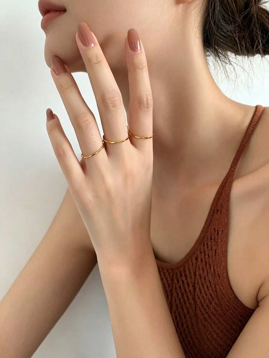 3Pcs Stainless Steel Rhombus Texture Gold Plated Women Fashion Personalized Minimalist Stackable Ring - Gold - View 1