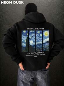 Men's Black Fashionable Letter & Van Gogh Starry Sky Graphic Design Pullover Hooded Sweatshirt, Casual Daily Wear , Fall, Long Sleeve Top - Black - View 1
