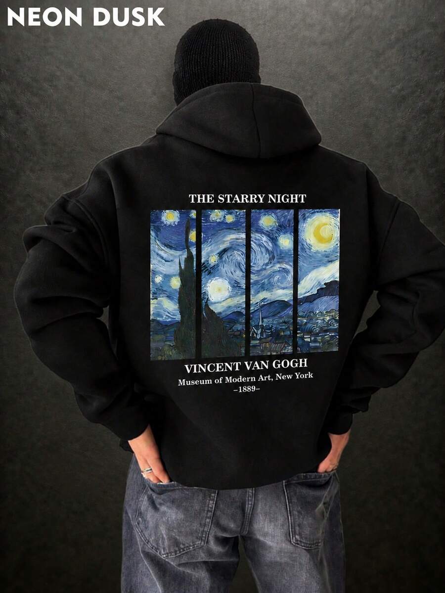 Men's Black Fashionable Letter & Van Gogh Starry Sky Graphic Design Pullover Hooded Sweatshirt, Casual Daily Wear , Fall, Long Sleeve Top - Black - View 1