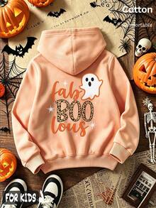 هودي وردي رقيق للبنات في عيد الهالوين مع نص Fab BOO Lous وطباعة شبح على الظهر، بلوزة قطنية للأطفال - برتقال شمام - مشاهدة 3