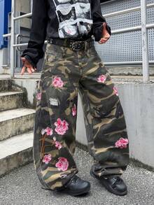 Infinite Jeans 1pc American Street Fashion Men's Patchwork Double Waist Distressed Ripped Embroidered Denim Jeans Loose Comfortable Wide Leg Pants All Season Versatile Denim Long Pants (Product Does Not Include Belt And Accessories) - Green - View 1