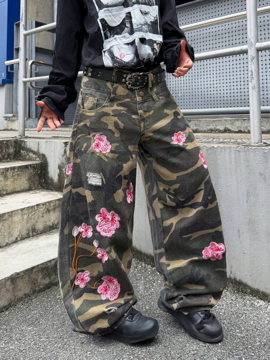 Infinite Jeans 1pc American Street Fashion Men's Patchwork Double Waist Distressed Ripped Embroidered Denim Jeans Loose Comfortable Wide Leg Pants All Season Versatile Denim Long Pants (Product Does Not Include Belt And Accessories) - Green - View 1